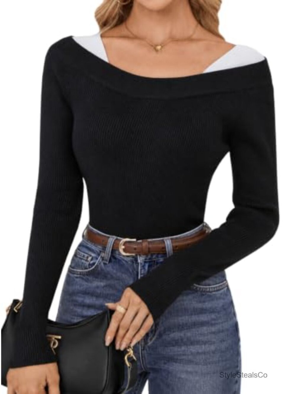 Ribbed Knit Off Shoulder Long Sleeve Sweater Pullover